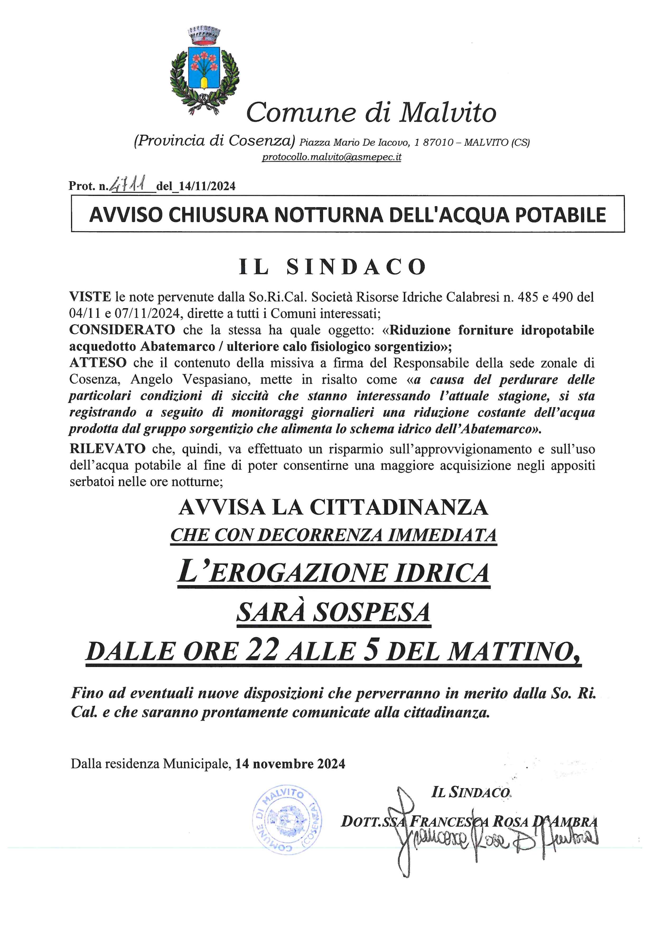 Avviso CHIUSURA NOTTURNA DELL'ACQUA POTABILE