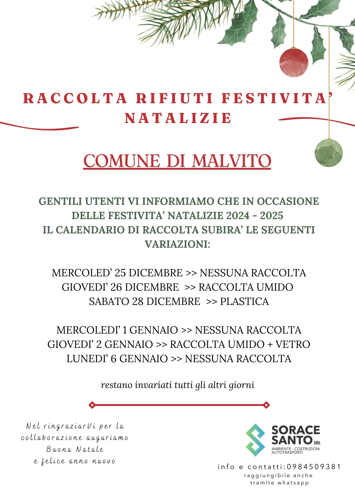 Avviso RACCOLTA RIFIUTI FESTIVITA' NATALIZIE