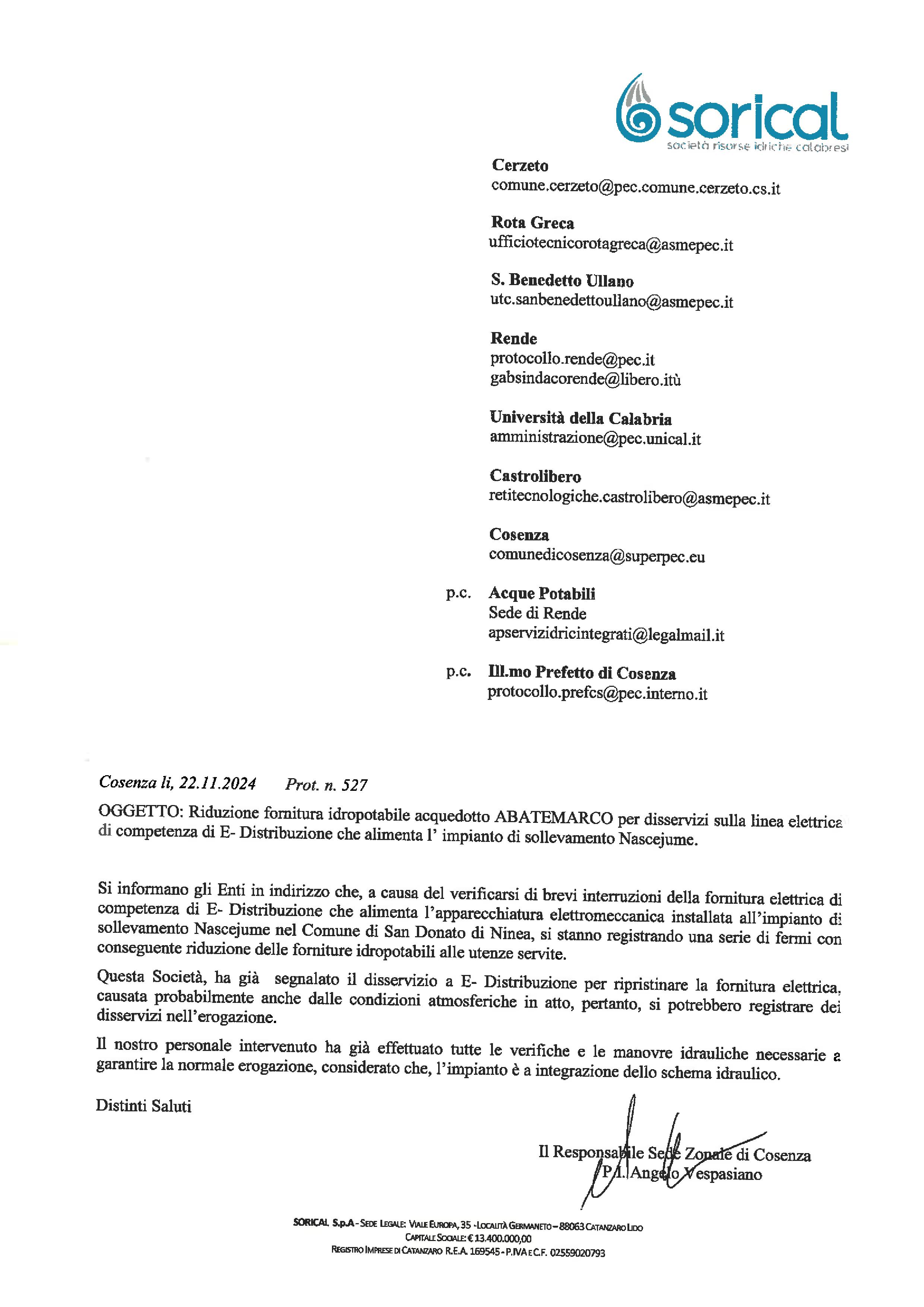 RIDUZIONE Fornitura IDROPOTABILE ABATEMARCO DISERVIZI ELETTRICI