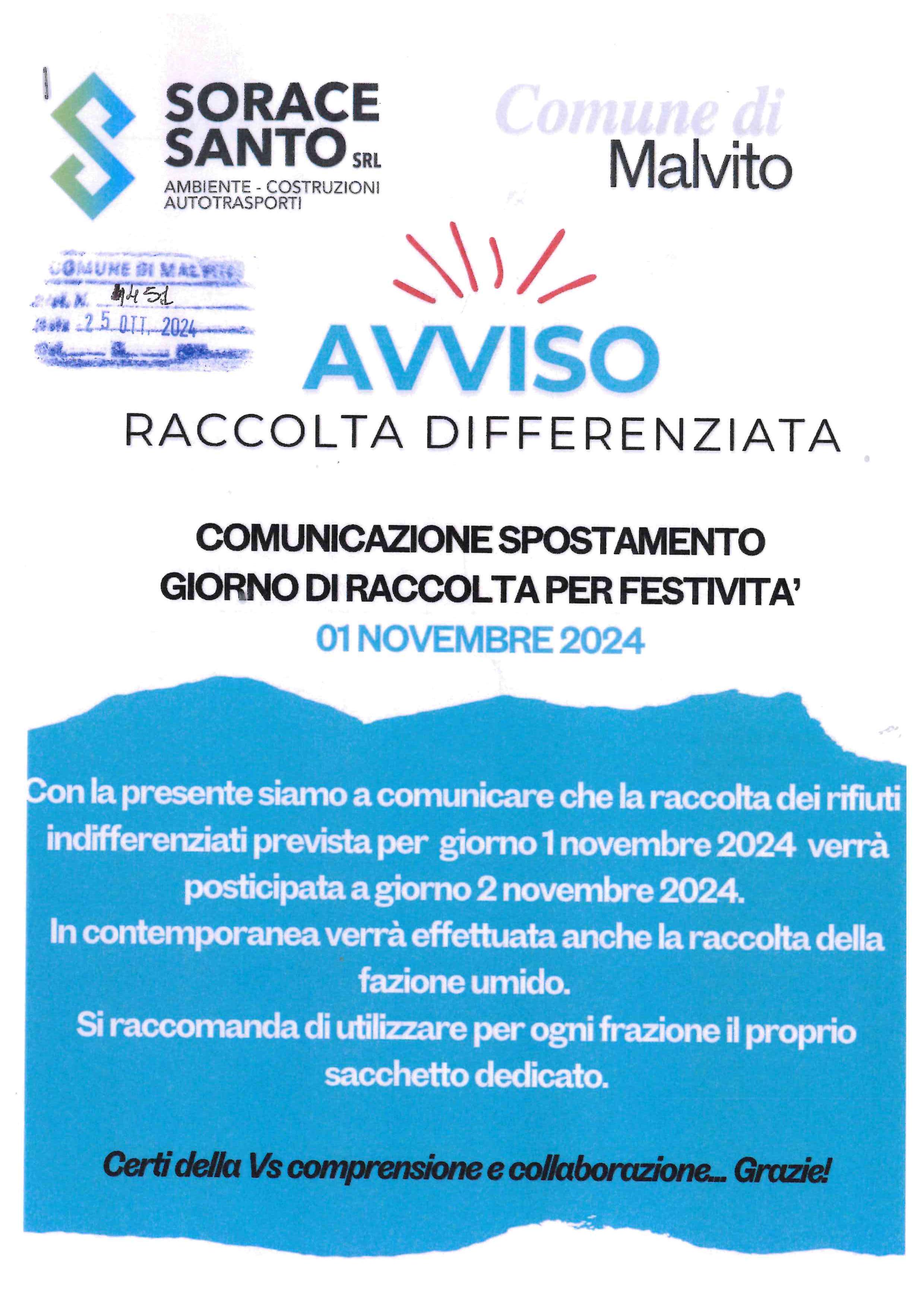 Spostamento Raccolta Differenziata per FESTIVO 1° Novembre 